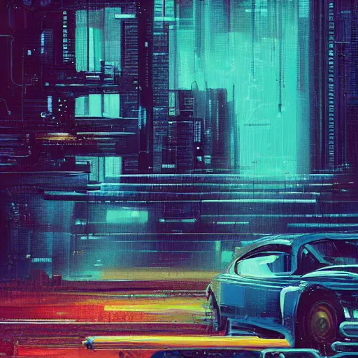 Image similar to 4 0 1 1 6 7 1 9 2 4 a graph style gauche impasto, sad, steampunk, cyberpunk art by james gilleard, city depth of field, cgsociety, retrofuturism, synthwave, retrowave, outrun, paint, high detail.