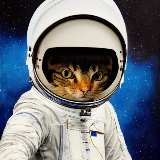 Image similar to oil painting of a cute cat in a astronaut suit with helmet, 35mm, photo, Epic, cinematic, highly detailed and intricate