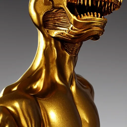 Prompt: an ancient gold xenomorph statue