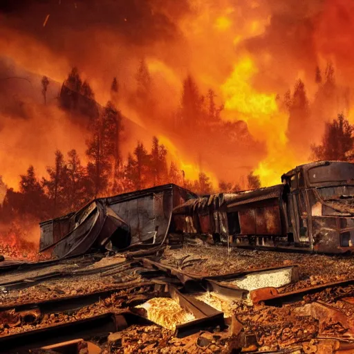 Image similar to trainwreck, devastation on the railroad, atmospheric smoke and fog, fire and flames, post-apocalyptic, Cinematic horror, high detail, 4k