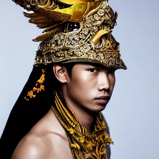 Image similar to a portrait of a beautiful young balinese male wearing an alexander mcqueen armor , photographed by andrew thomas huang, artistic