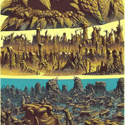 Image similar to extraterrestrial tribe village on ancient post - apocalyptic planet, jim henson creature shop, fantastic planet, illustration