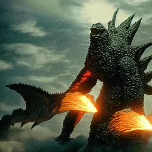 Prompt: MonsterVerse Godzilla fighting Gigan and King Ghidorah