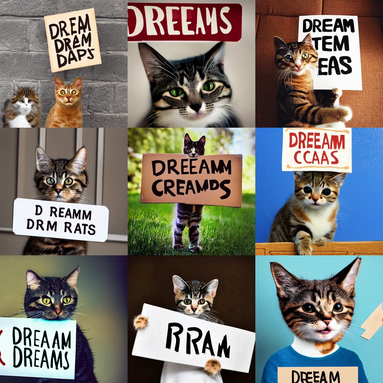 Image similar to realistic high quality photo of a cute cat holding a sign with text that reads : dream cats