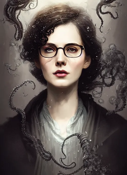 Prompt: a highly detailed portrait of a beautiful intelligent woman as Sherlock Holmes, wavy short black hair and glasses, wispy tendrils of smoke, intricate detail, digital painting, old english, raining, sepia, particles floating, whimsical background by marc simonetti, artwork by ross tran + ramond swanland + liam wong