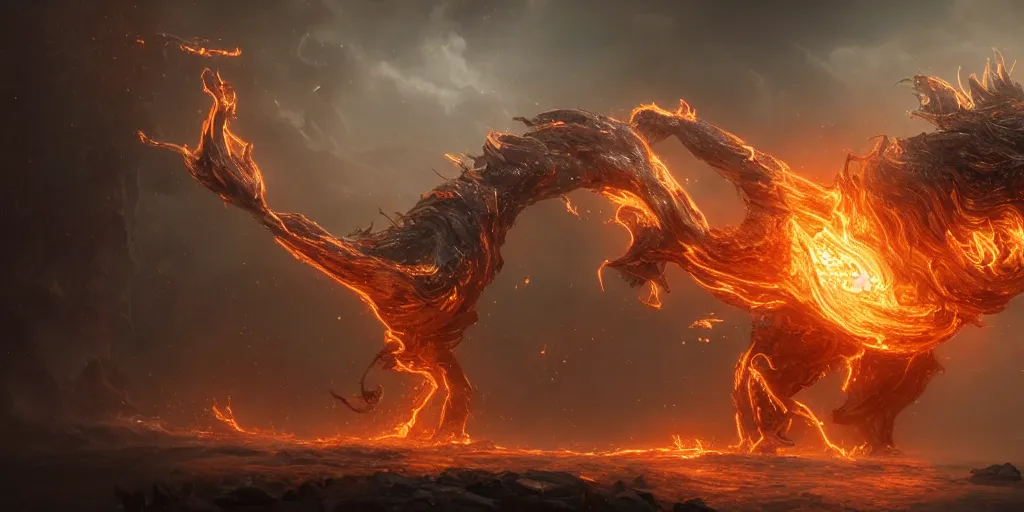 Image similar to A creature made of energy flows of water and fire, a highly detailed epic cinematic concept art CG render, made in Photoshop, excellent composition, dynamic dramatic cinematic lighting, volumetrics, glow, by Dang My Linh