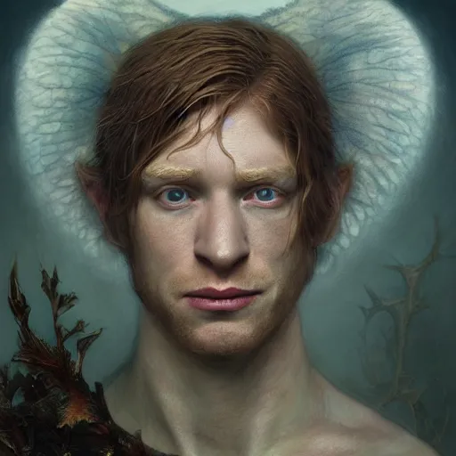 Image similar to closeup portrait shot of domhnall gleeson as puck, robin goodfellow, pooka, fairy wings, highly detailed, digital painting, artstation, concept art, soft focus, depth of field, artgerm, tomasz alen kopera, peter mohrbacher, donato giancola, wlop, boris vallejo