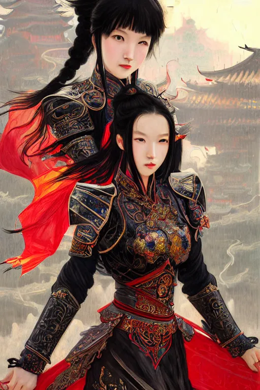 Image similar to portrait black hair young knights of Dynasty Warriors girl, metallic red mirror armor, in ruin chinese temple rooftop heavily rain sunrise, ssci-fi and fantasy, intricate and very beautiful and elegant, highly detailed, digital painting, soft light, artstation, concept art, smooth and sharp focus, illustration, art by tian zi and WLOP and alphonse mucha