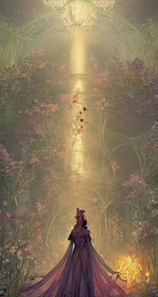 Image similar to a princess in the flower room, the light beam shines through the window, elegant, smooth, sharp focus, award - winning, masterpiece, style of tom bagshaw, cedric peyravernay, peter mohrbacher, louis comfort tiffany, victo ngai, james jean, pinterest, 4 k hd hyperdetailed illustrative wallpaper, chinese style