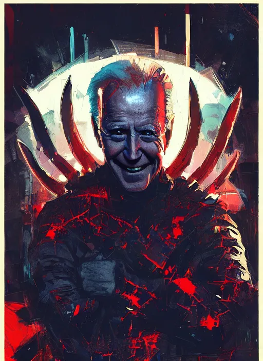 Image similar to dark Joe Biden grinning emperor of the world with big american devil horns, high contrast, cosmic horror, abstract, masterpiece, trending on ArtStation, by Greg Rutkovski and by Craig Mullins and by David Cronenberg and by Ismail Inceoglu