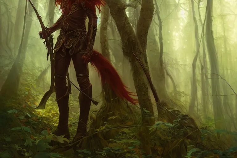 Image similar to male sylvan elf with long red hair wearing an eye patch in leather armor in mysterious forest at dusk, fantasy, intricate, elegant, highly detailed, digital painting, artstation, concept art, matte, sharp focus, illustration, art by roberto ferri and greg rutkowski and alphonse mucha