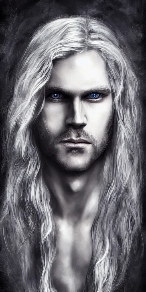 Image similar to portrait of a handsome gorgeous male satanic blonde haired hippie with long hair and blue eyes as the human prince of satan and lucifer, artstation