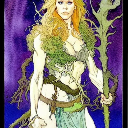 Image similar to a realistic and atmospheric watercolour fantasy character concept art upper body image of a young jane fonda in her 2 0 s posing as a druidic warrior wizard looking at the camera with an intelligent gaze by rebecca guay, michael kaluta, charles vess and jean moebius giraud