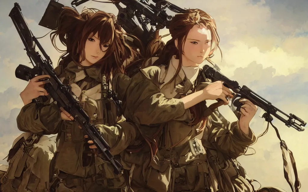 Image similar to war movie scene, infantry girl, anime style, long hair, hair down, symmetrical facial features, explosions, 4 k wallpaper, from girls frontline, hyper realistic, pale skin, rule of thirds, extreme detail, realistic lighting, detailed drawing, trending artstation, hd, trading card, by alphonse mucha, greg rutkowski, backlit