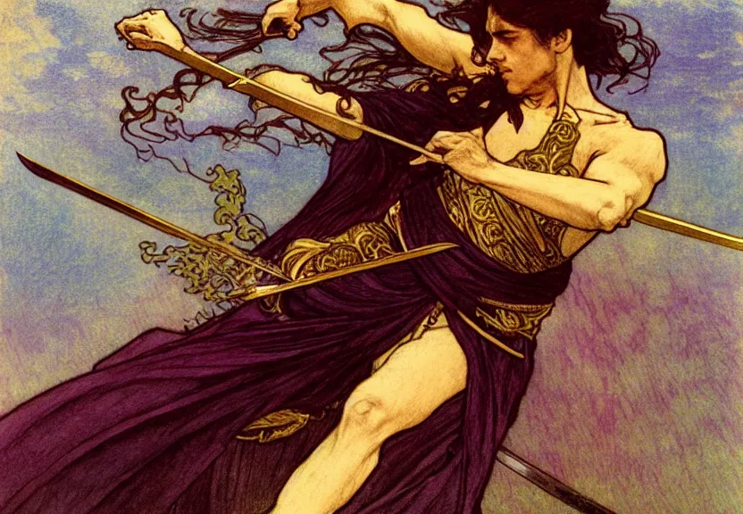 Prompt: a golden swordsman wielding two swords leans back as he dances elegantly in the wind, his robes and long hair flowing in the breeze, his enemies lying on the ground below, fantasy, Mucha, MTG, Game of Thrones, salsa dancing, Rossetti, Millais, anatomically correct