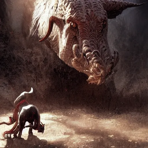 Image similar to minotaurus, high detail, dramatic light, digital art, painted by greg rutkowski, painted by seb mckinnon, trending on artstation