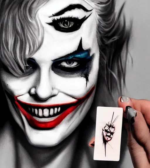 Image similar to tattoo design sketch of beautiful margot robbie with faded joker makeup and holding an ace card, in the style of den yakovlev, realistic face, black and white, realism tattoo, hyper realistic, highly detailed