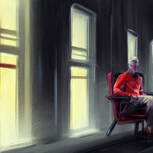 Prompt: a beautiful painting of a man sitting in a subway seat, rutkowski, concept art, cinematic lighting