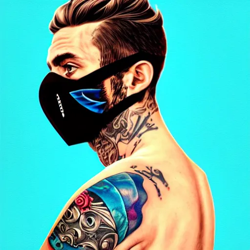 Prompt: a profile photo of a man with underwater mask with tattoos on arm and neck, side profile in underwater, highly detailed, digital painting, artstation, illustration by Sandra Chevrier