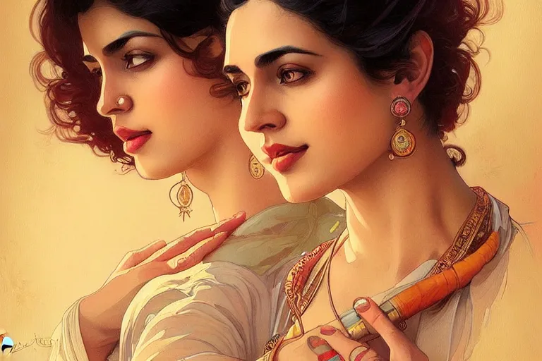 Image similar to sensual pale beautiful indian doctor in jeans, art deco portrait, elegant, intricate, digital painting, artstation, concept art, smooth, sharp focus, illustration, art by artgerm and greg rutkowski and alphonse mucha