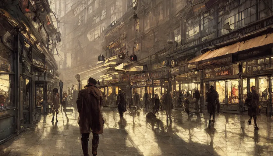 Image similar to Antique store in a Dieselpunk city, shopping street, shopwindows, light, shadows, reflections, steam, epic composition, intricate, elegant, volumetric lighting, digital painting, highly detailed, artstation, sharp focus, illustration, concept art, ruan jia, steve mccurry