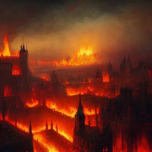 Prompt: medieval kingdom brightly burning in flames as seen from the sky, digital art, highly detailed, dark colours, 8 k, intricate, moody lighting, by greg rutkowski