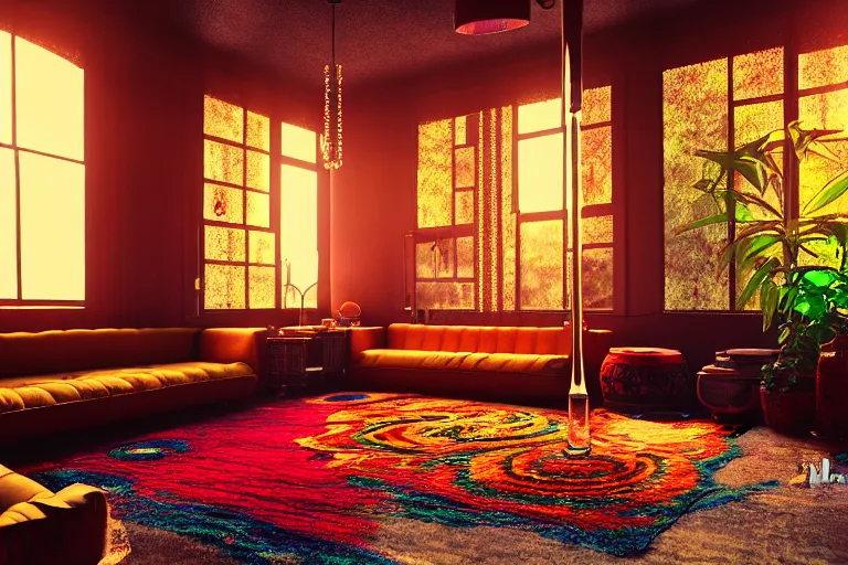 Image similar to interior of a 6 0 s hippie lounge, water pipes, lava lamps, ambient light, persian carpets, pillows, realistic, highly detailed, unreal engine, octane render,