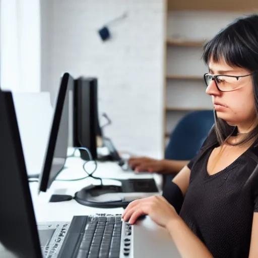 Prompt: a frustrated developer getting angry on the computer for not doing what she wants it to do.