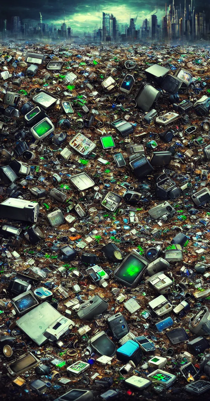 Image similar to realistic photo of problems of electronic waste pollution in future, very sharp focus, very hyper realistic, highly detailed, fantasy art station