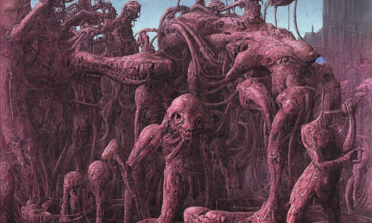 Image similar to painting by wayne barlowe. juxtaposition of man and machine