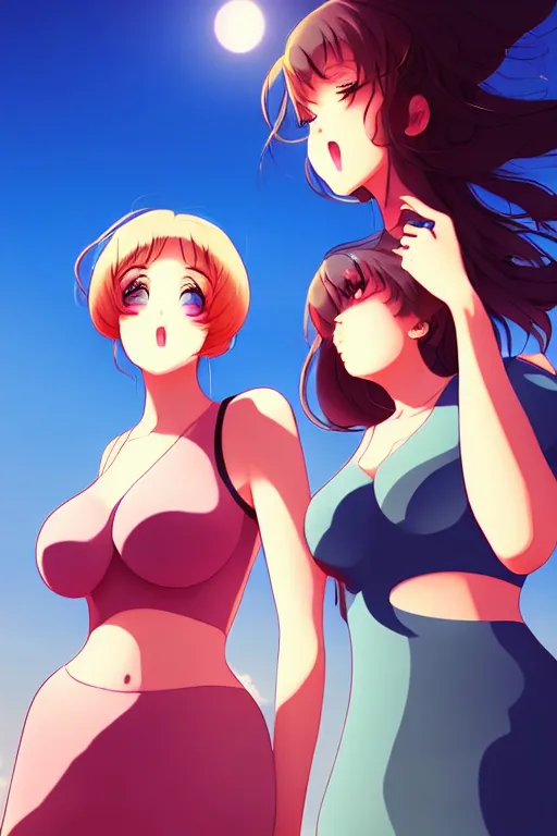 Image similar to two beautiful mothers outside on a hot summer evening, gorgeous faces, thick lines, cinematic lighting, detailed anime art