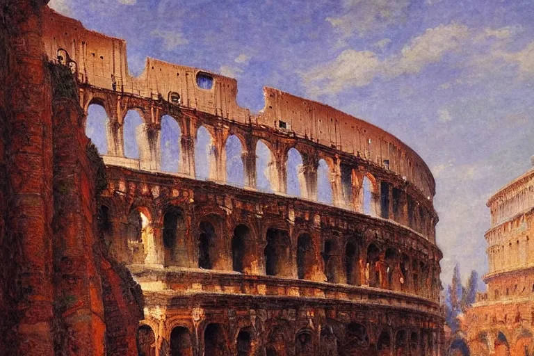 Prompt: a colorful and beautiful painting, ancient colosseum besides the sea, by James Gurney, Greg Rutkowski and Monet, artstation