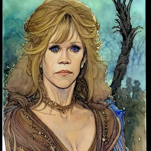 Prompt: a realistic and atmospheric watercolour fantasy character concept art portrait of jane fonda in her 2 0 s as a druidic warrior wizard looking at the camera with an intelligent gaze by rebecca guay, michael kaluta, charles vess and jean moebius giraud