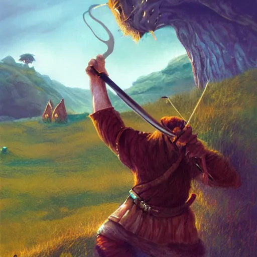 Prompt: A warrior hobbit swings a club at the head of a goblin. The rolling hills of the shire are in the background. Digital fantasy art by Anato Finnstark and Alan Lee.