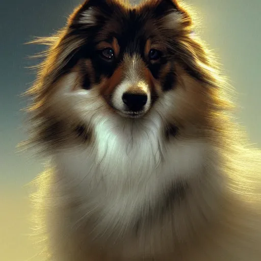 Prompt: a shetland sheepdog, elegant, highly detailed, digital painting, concept art, smooth, sharp focus, illustration, art by artgerm and greg rutkowski and alphonse mucha,artstation,deviantart,FAN ART,Unreal Engine,face enhance,8K,golden ratio,cinematic lighting H 704