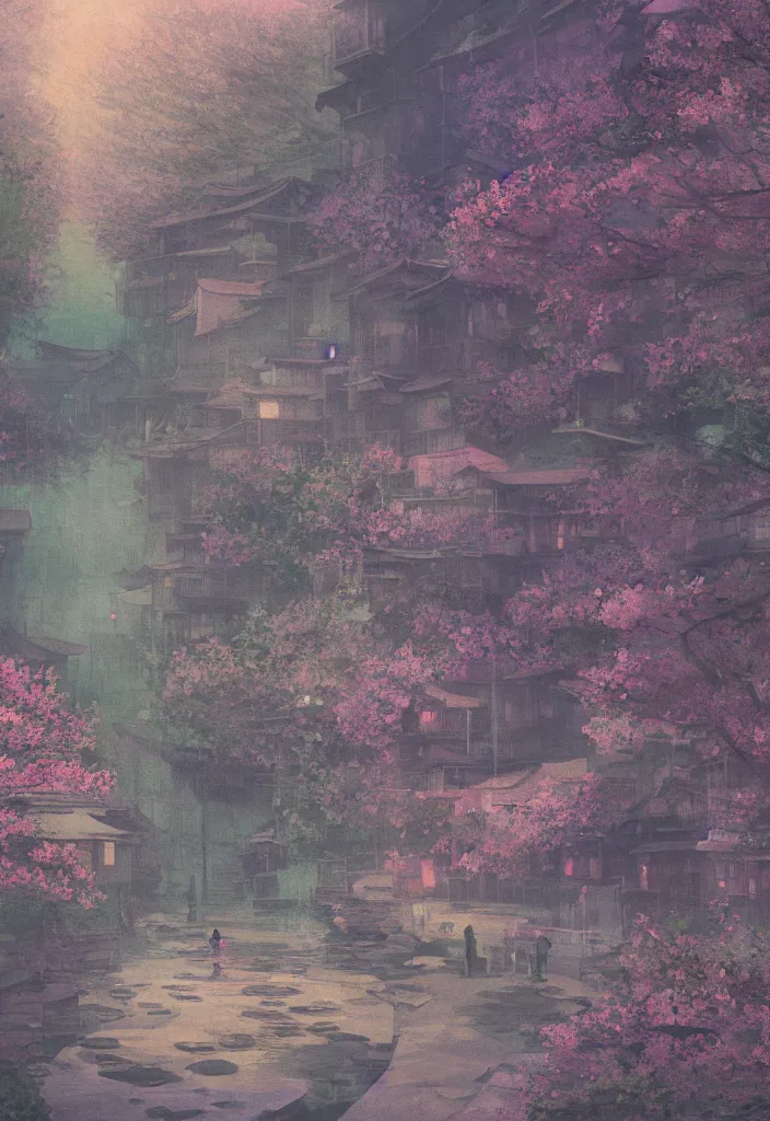 Prompt: a japanese city in the mountain, ryokans and edo era houses, yokai walking around, epic cyberpunk, lofi, vivid colors, amazing light, beautiful nature, by jeremy lipkin, by claude monet, heavily inspired by makoto shinkai, kandinsky touches, inspired by ghibli, masterpiece, beautiful, multiple brush strokes, impressionist style, high contrast