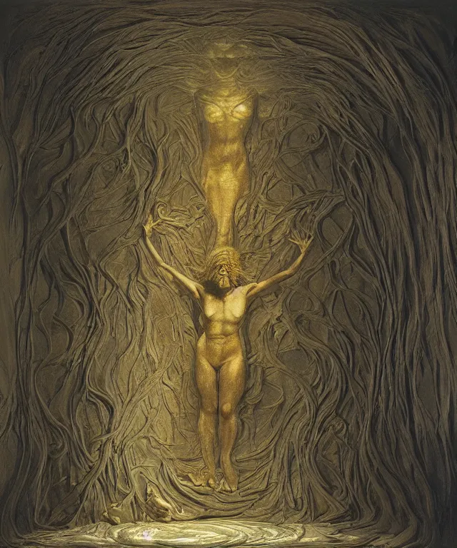 Prompt: The room without doors and windows with beautiful full-body wax sculpture of the glowing woman with visible golden bones inside her in the singularity where stars becoming baroque folds of dark matter by Michelangelo da Caravaggio, Nicola Samori, William Blake, Alex Grey and Beksinski, dramatic volumetric lighting, detailed oil painting, 8k, masterpiece