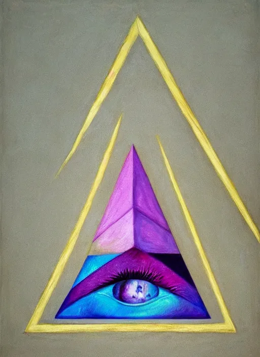 Prompt: illuminati pyramid with an eye floating on top of it, symmetric aesthetic figure, pastel colors, hyper detailed 8k realistic painting by Hilma At Klint, trending on artstation