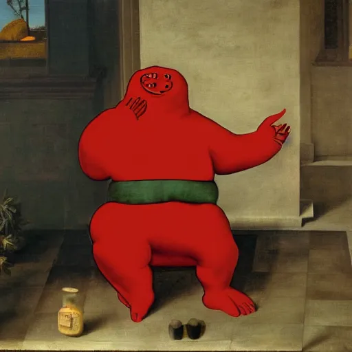 Image similar to a painting of the Kool-Aid Man meme by Agnolo Bronzino