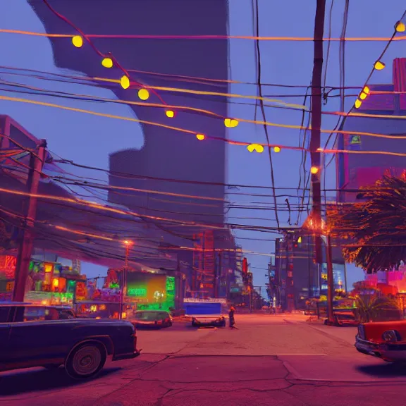 Image similar to Downtown Mexico, string lights, colorful lighting, night, realism, ((gta 5 screenshot house)), by Tooth Wu, by Lienzo Óleo Paisaje, by Greg Rutkowski