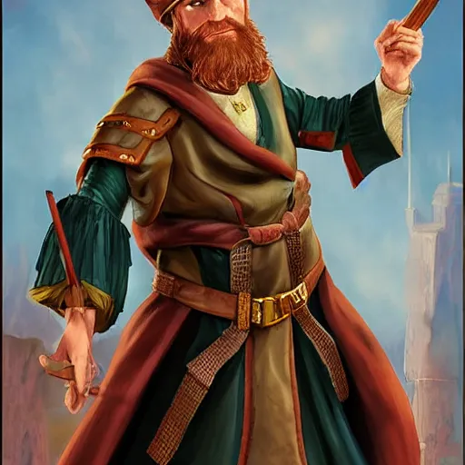 Image similar to Young bearded John Malkovich as Tarski Fiume, half-elf Time Wizard, iconic character art by Wayne Reynolds for Paizo Pathfinder RPG