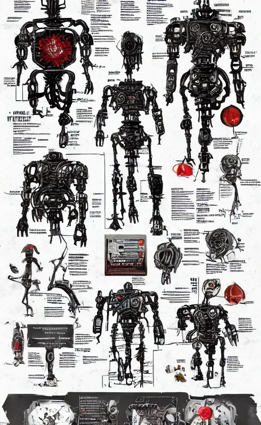 Image similar to anatomy of the terminator, robot, cyborg, t100, bloodborne diagrams, mystical, intricate ornamental tower floral flourishes, rule of thirds, technology meets fantasy, map, infographic, concept art, art station, style of wes anderson