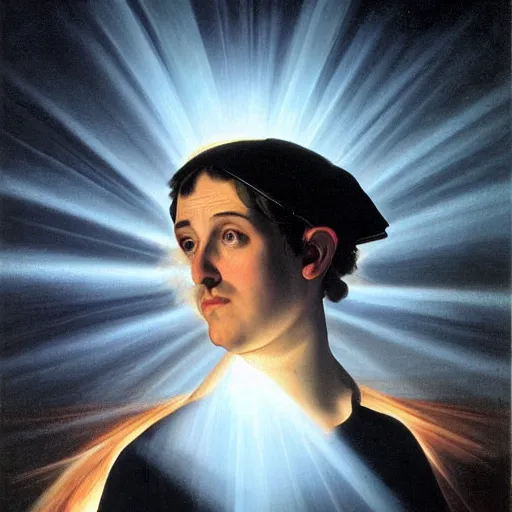 Image similar to painting portrait of a person with a bright light beam emanating rays of light and totally covering their head, matte painting, masterpiece, by Caravaggio