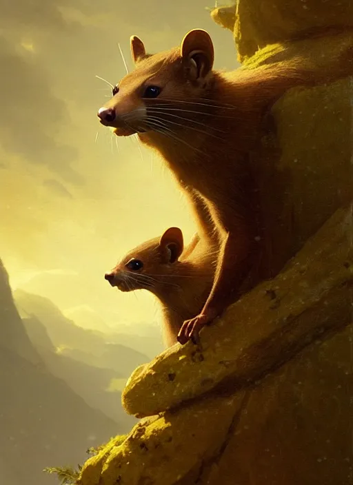 Prompt: a beautiful close - up shot from a fantasy film of a humanoid pine marten with bright golden eyes wearing a loose tunic. joseph ducreux, greg rutkowski.