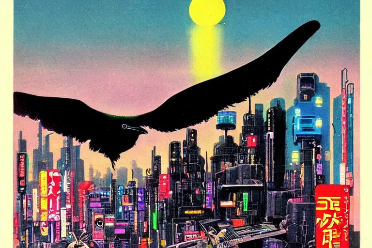 Image similar to 1979 OMNI Magazine Cover of a raven in neo-Tokyo in cyberpunk style by Vincent Di Fate