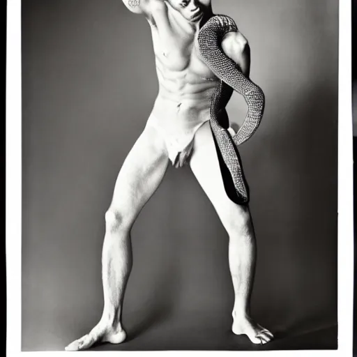 Prompt: a man with scales, large format film fashion photograph by richard avedon