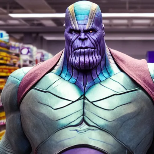 Prompt: thanos lookingg for his mom in a walmart, realistic, sharp focus