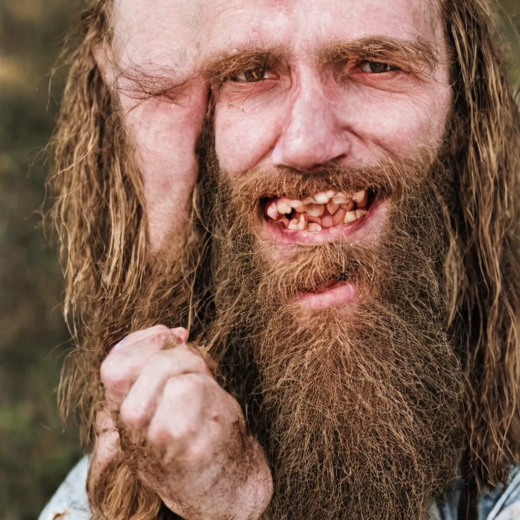 Image similar to extremely skinny malnourished redneck white male with long beard, wearing dirty overalls, dirty greasy face, grin, portrait, close up, kodak gold 2 0 0, 5 0 mm,