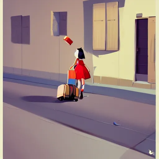 Prompt: goro fujita ilustration cheerful girl taking the suitcases out of her house, painting by goro fujita, sharp focus, highly detailed, artstation