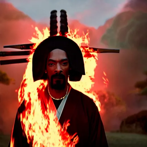 Image similar to cinematic film still of Snoop Dogg starring as a Samurai holding fire, Japanese CGI, VFX, 2022, 40mm lens, shallow depth of field, film photography